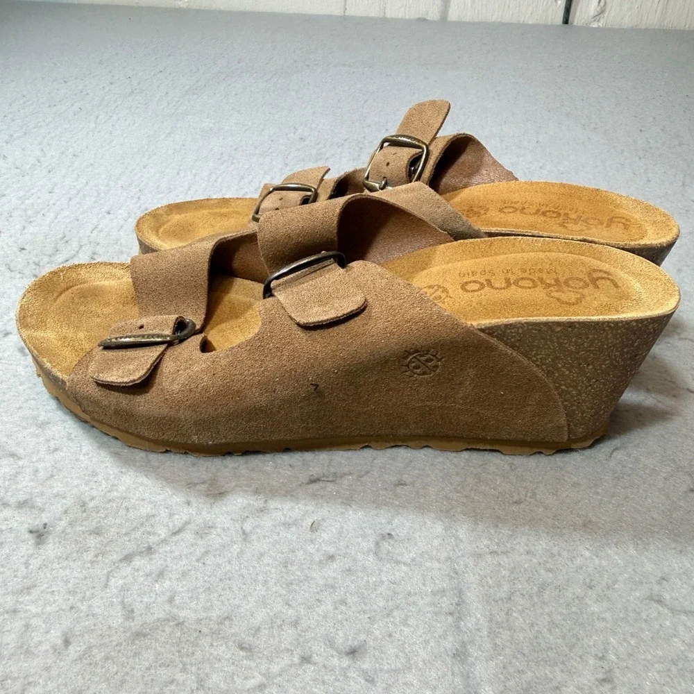 Yokono Wedge Sandals Women 7.5 Tan Brown Leather Two Strap Buckle Made In Spain